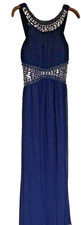 Quiz Long Evening Dress Midnight Blue Uk12 Jewelled Waist & Neckline Padded Bust