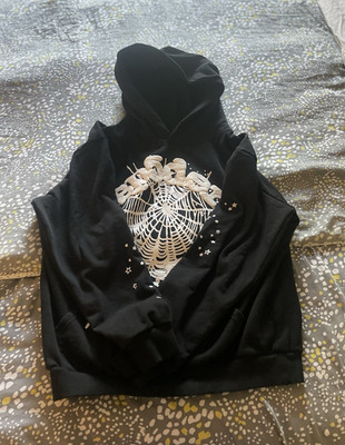 Sp5der Men's Black Pullover Hoodie M Cotton Fleece Spider Web Graphic