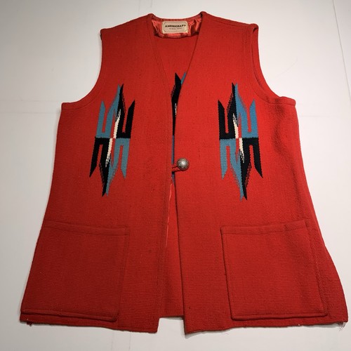 AMERICRAFT Vtg 70s Vibrant Red w/ White Blue Grey Chimayo 100% Wool Vest Size 14