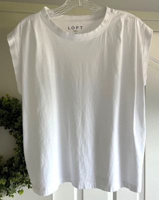 LOFT Womens Large Petite Classic White Muscle Tee Pleated Shoulders Minimalist