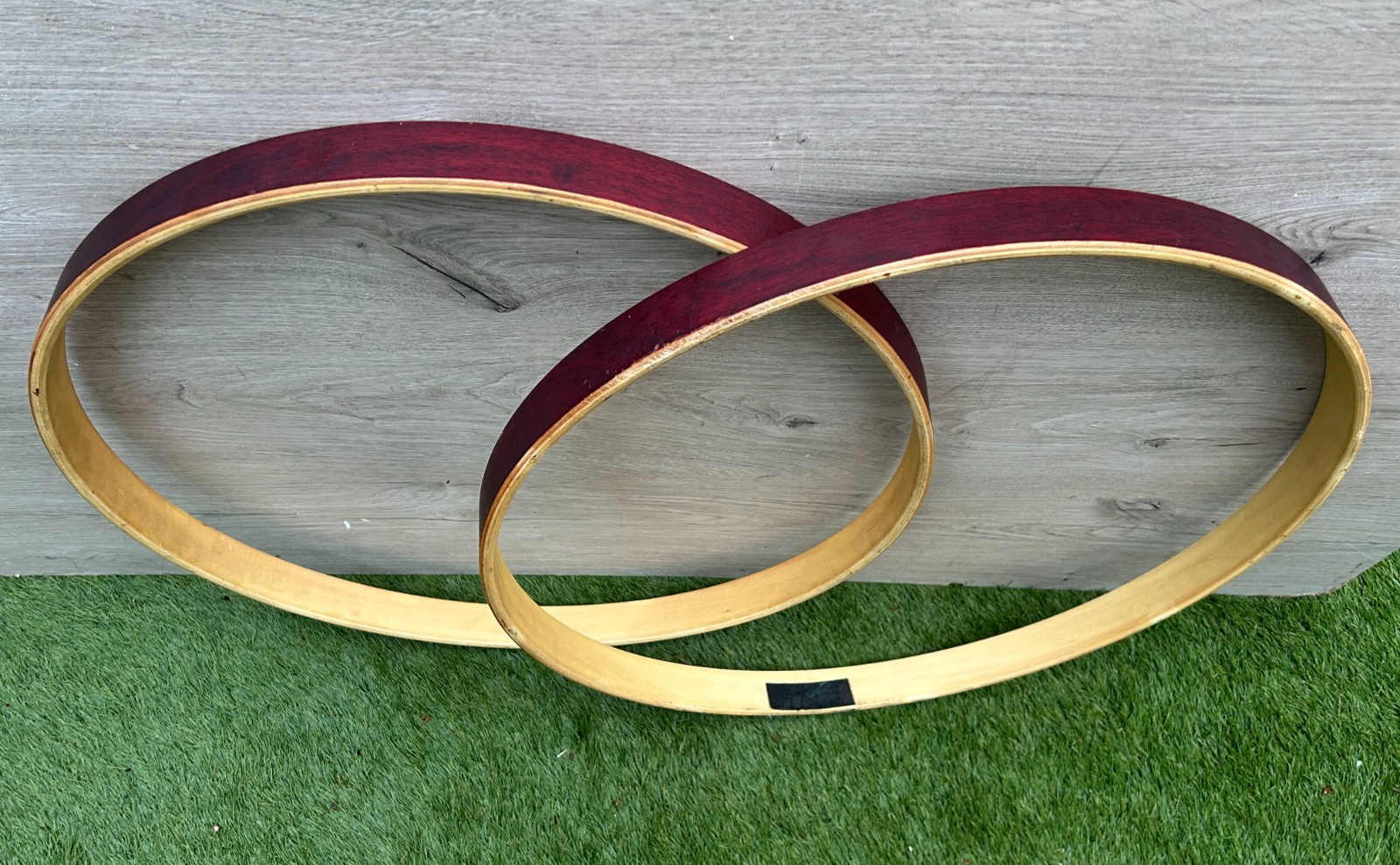 Mapex Bass Drum 22" Wooden Hoops Rims (pair) Natural / Burgundy wood stain photo 1