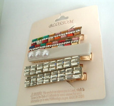 5 VINTAGE COLORFUL RHINESTONE PEARL JEWELED HAIR CLIPS