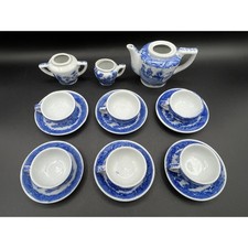 Miniature Blue Willow White Ceramic Tea Set 15 Piece Dollhouse Miniature Vtg