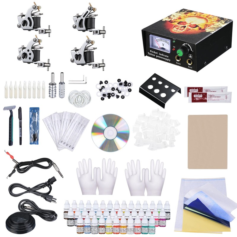 Complete Tattoo Kit 4 Machine 40 Inks Power Supply Gun Needle Grip Tip Tube
