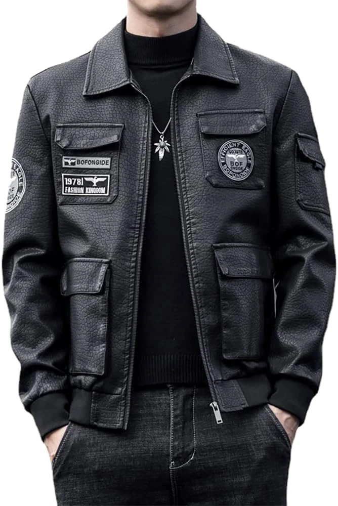 Men’s Faux Leather Biker Jacket CAFE Racer Style Black Leather Outerwear