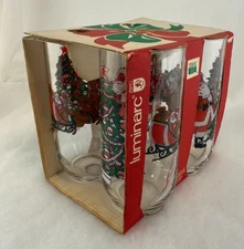 Vintage Luminarc Santa Christmas Glasses Set of 4 USA Made 16 oz Tumblers
