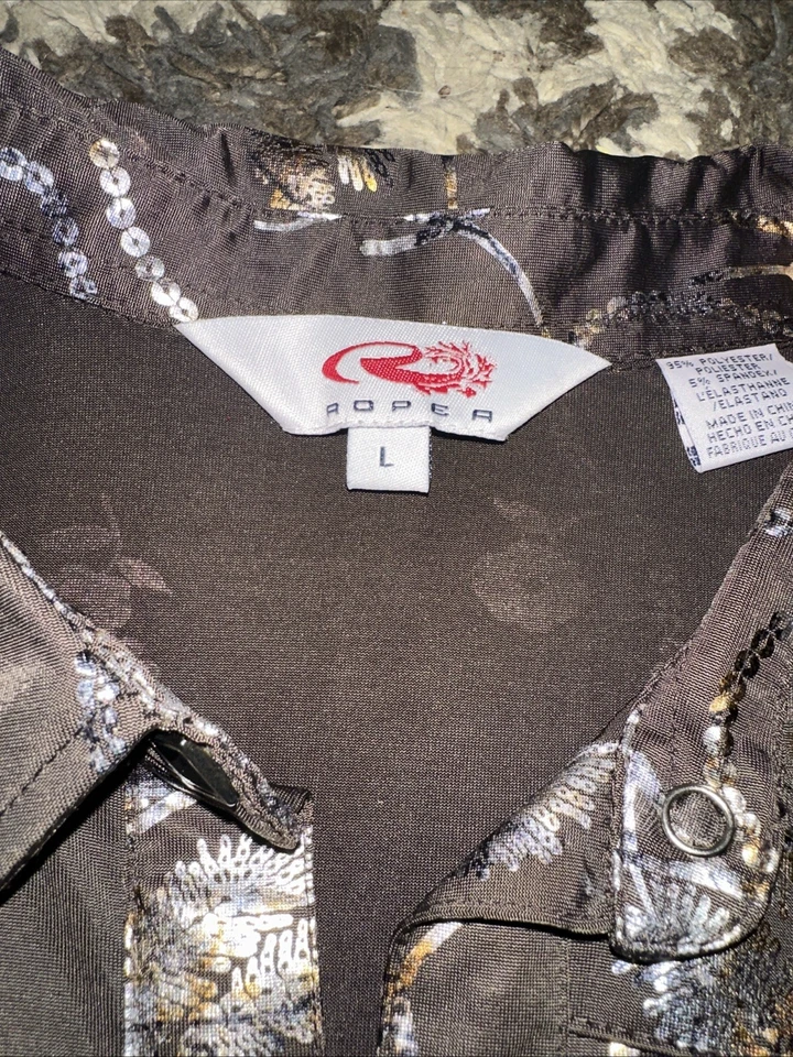 Roper Rare Square Snaps Shirt Women’s Sz L Western Metallic Floral Print Brown Foto 4 de 4