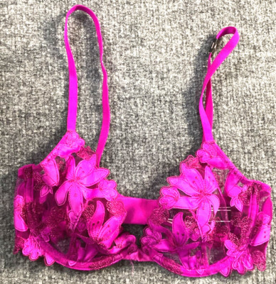 Victoria's Secret Bra 32D Low Cut Demi Mesh Floral Embroidered Purple Sheer New