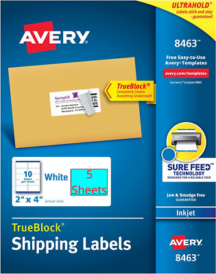 (50 LABELS) INKJET & LASER Avery Shipping Mailing Labels 2 x 4'' with TrueBlock