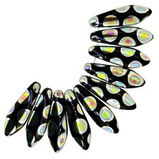 Czech Glass Dagger Drop Beads 5x16mm 2-Hole Jet Vitrail Dots, 25pcs