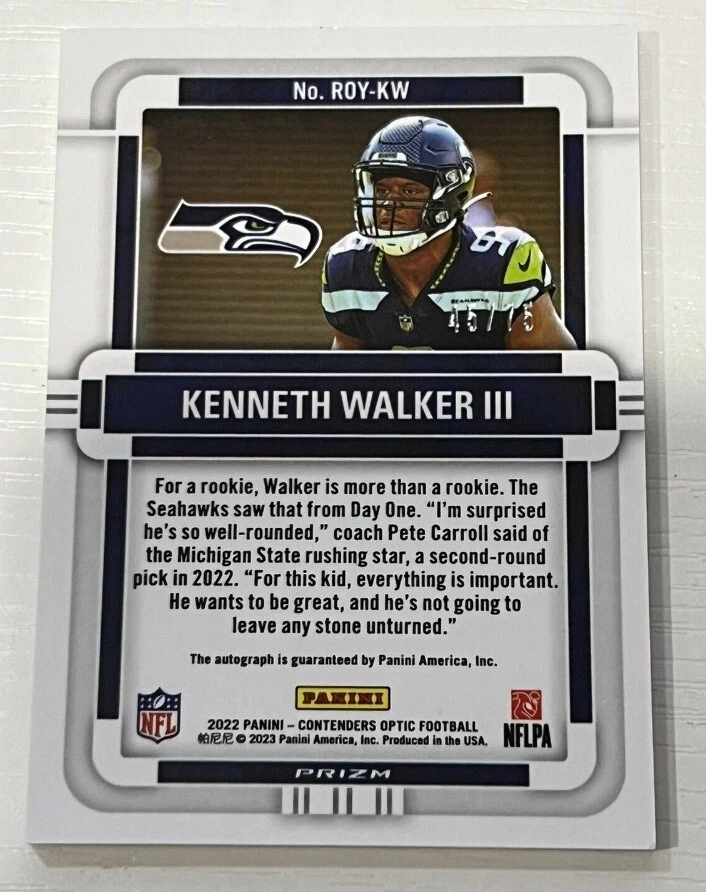 2022 Contenders Optic NFL Kenneth Walker III RC ROY On-Card Auto /75 Seahawks - Image 2 of 3