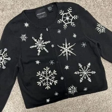 Vintage 2000 Michael Simon Beaded Snowflake Cardigan Sweater Women Size XL Black