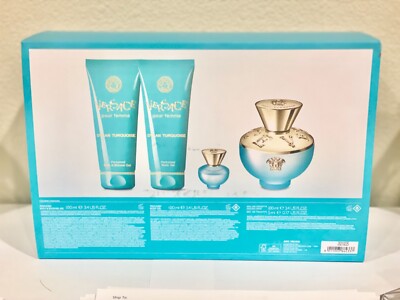 VERSACE POUR FEMME DYLAN TURQUOISE 4PC GIFT SET 3.4OZ EDT SPRAY. 