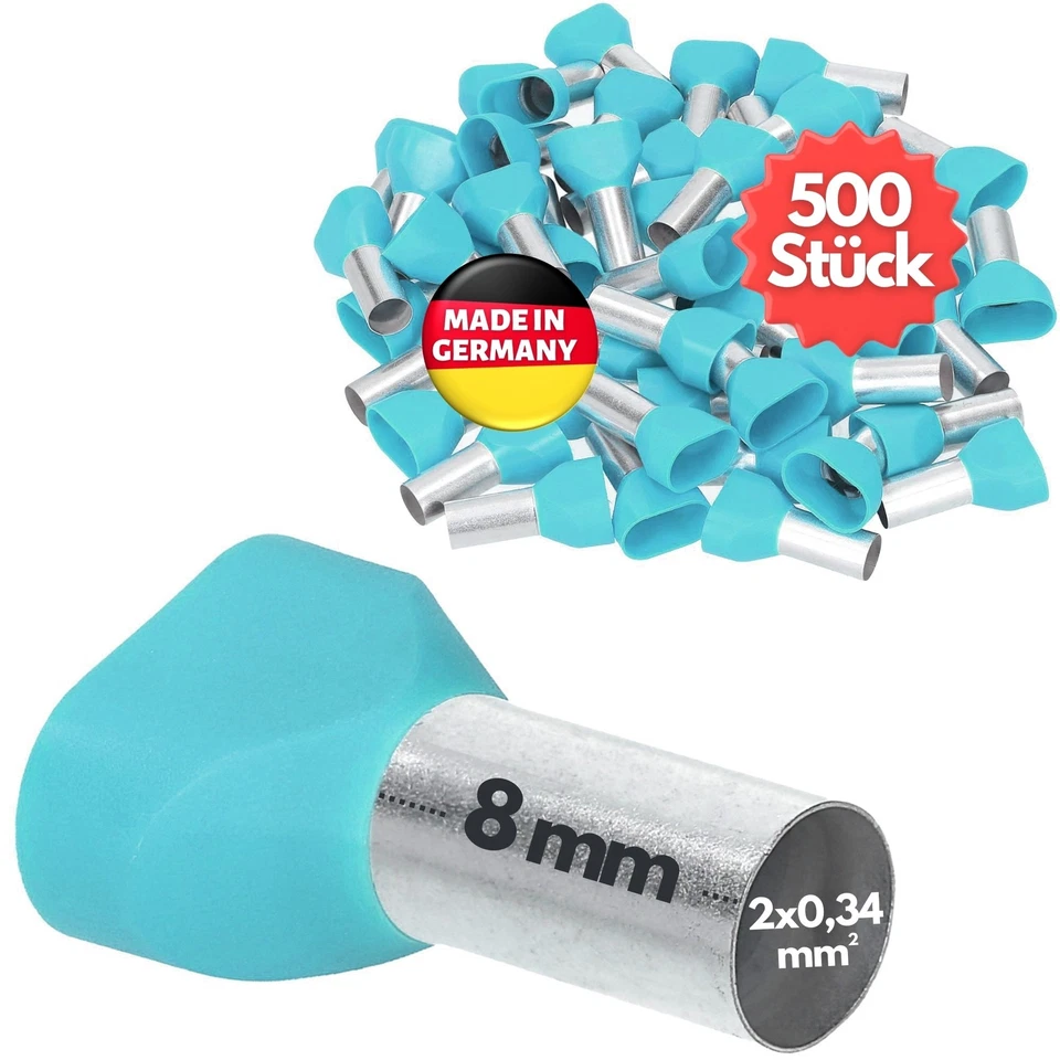 500 Stück Kalitec AET03408TK Zwillingsaderendhülsen isoliert 2x0,34mm² 8mm Hülse