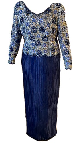 B10 Vintage George F. Couture 1980’s Navy Blue Beaded Long Sleeve Dress Sz 16 - Bild 1 von 9