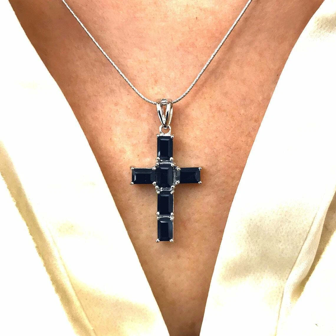 Genuine Blue Sapphire Gemstone Silver Cross Pendant Necklace