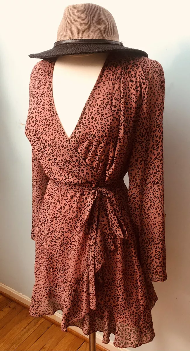 NWT Misguided Pink Leopard Print Wrap Ruffle Hem Midi Dress Sz 6
