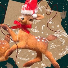 Vintage Red Flocked Reindeer Ornaments Santa Hats Original Packaging NOS