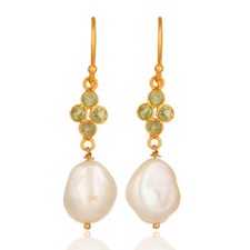 18K Gold Plated Pearl Peridot Gemstone 925 Sterling Silver Earrings Jewelry