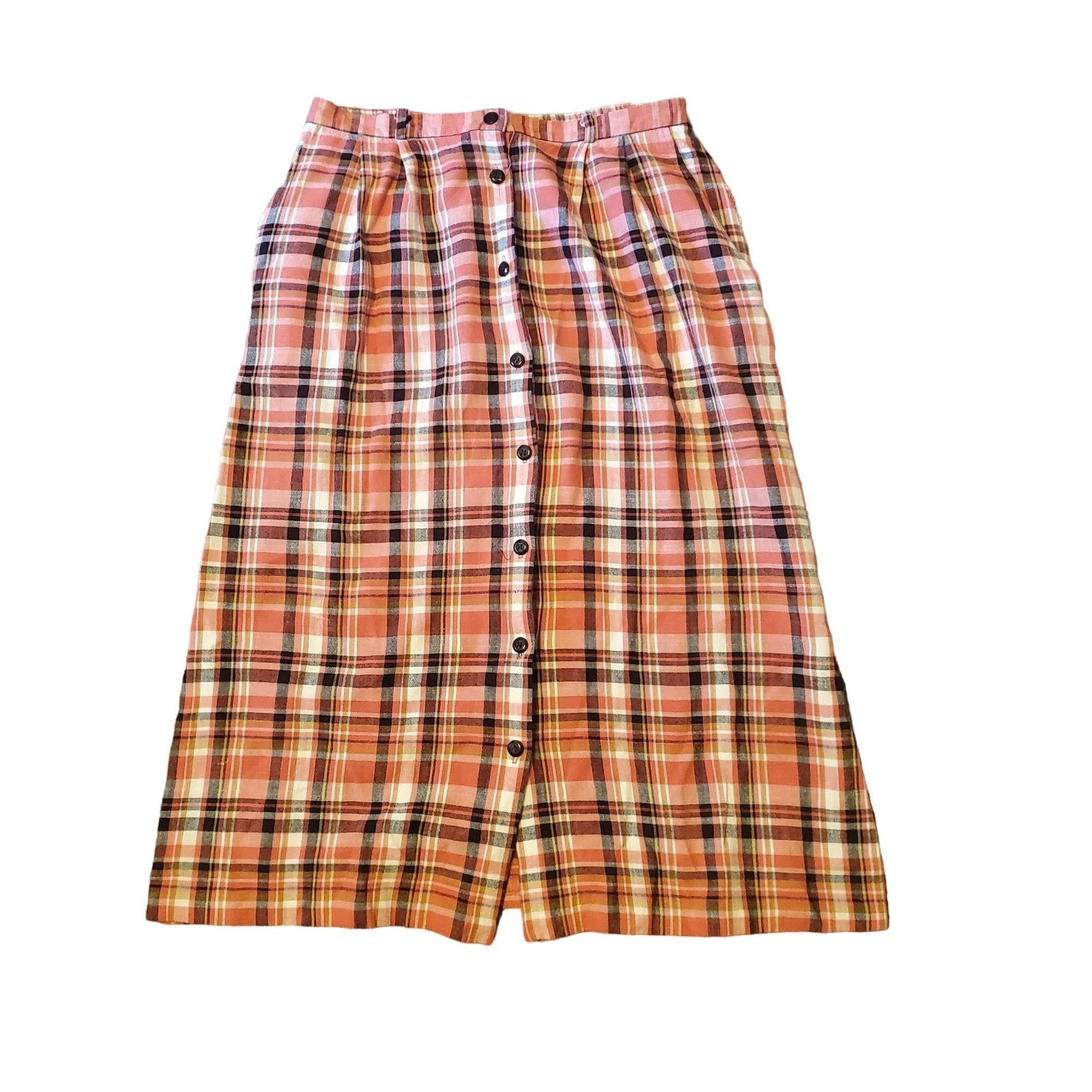 Pendleton 12 Pink Black Plaid Skirt Maxi Flax Button Down Pockets Lagenlook