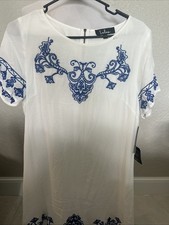 Lulus Tale to Tell Blue & Ivory Embroidered Shift Dress Boho Size Women's Small