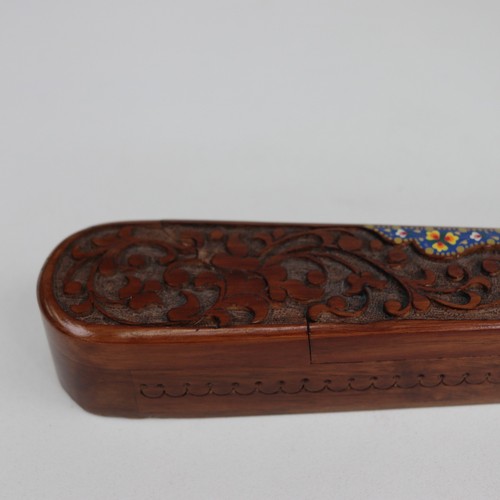 Uzbekistan Hand-Carved Walnut 9" Oblong Puzzle Box with Painted Flowers - Picture 7 of 11