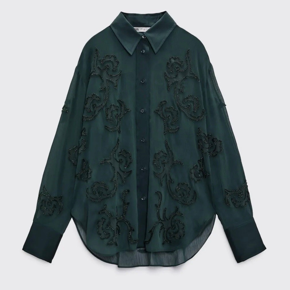 Zara Womens Semi Sheer Beaded Embroidered Blouse Size S Dark Green Button Up image 3