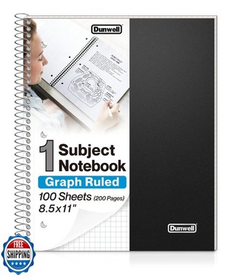 Dunwell Graph Paper Notebook 8.5 x 11 (Black) Plastic Cover, 100 Sheets (200 