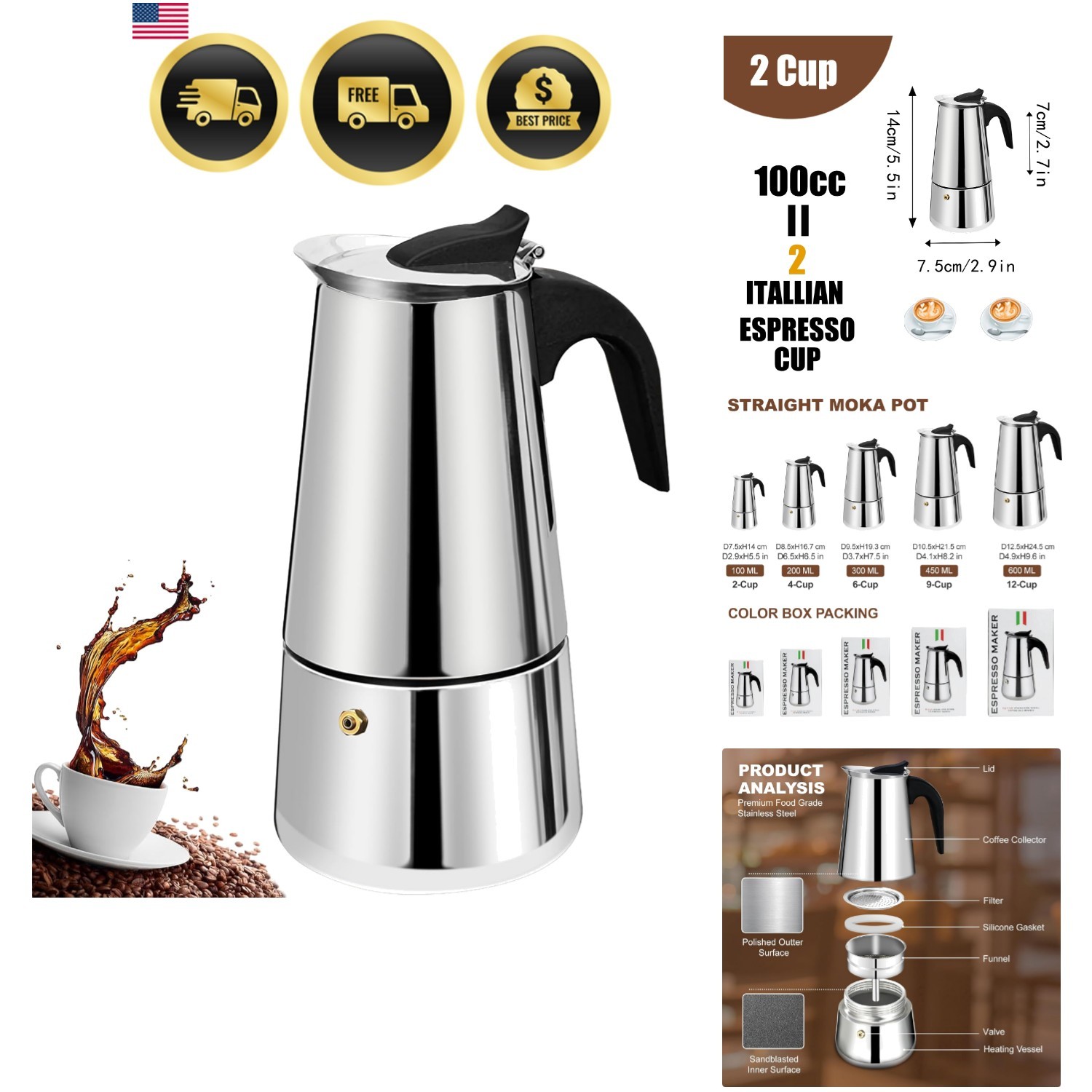 Stainless Steel Moka Pot Stove Top Percolator I...