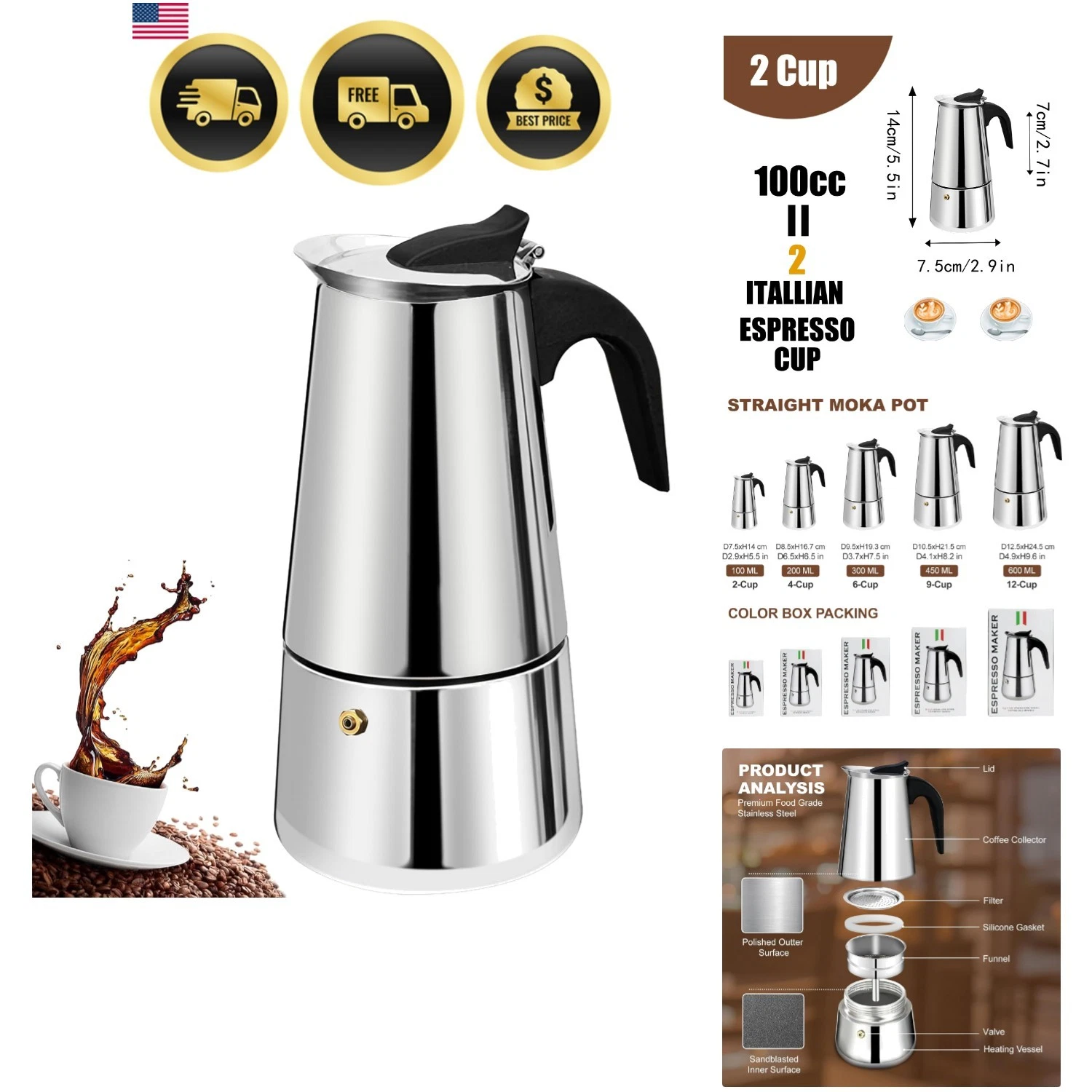 2 Cup Stovetop Espresso Maker Stainless Steel Moka Pot Stove Top Percolator I...