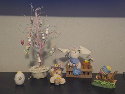 Lot of 5 Easter Decorations Spring Home Decor Figures, Vintage Tree, Bunnies