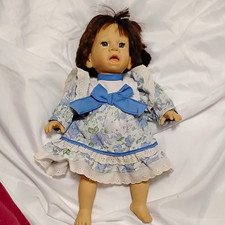 Baby Girl Doll Vinyl Light Complexion Brown Straight Hair Blue Eyes Floral Dress