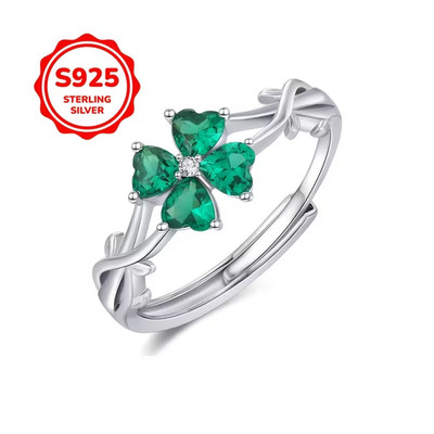 925 Sterling Silber 4 Blatt Kleeblatt grün CZ Ring (verstellbar) & Geschenkbox