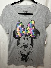 Disney Minnie Mouse Colorful Polka Dot Big Hair Bow Gray Shirt Juniors L 11 / 13