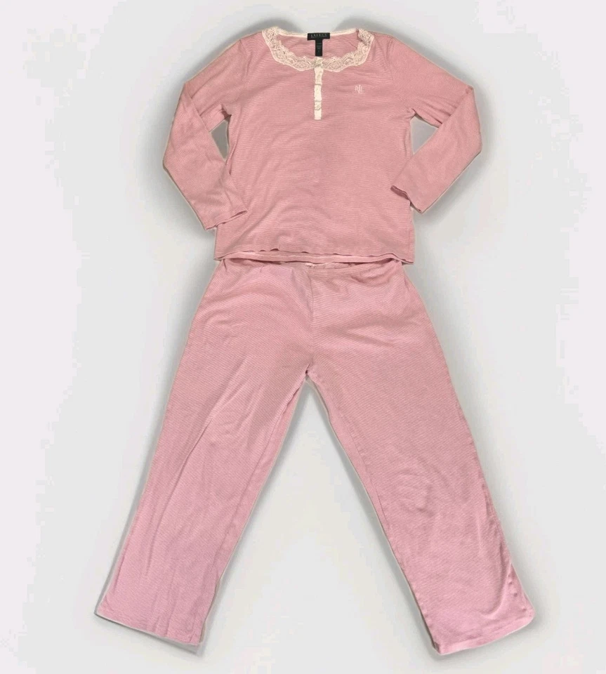 LAUREN RALPH LAUREN 2pc PAJAMA SET PINK / WHITE WITH LACE WOMEN'S SIZE LARGE - Image 2 of 4