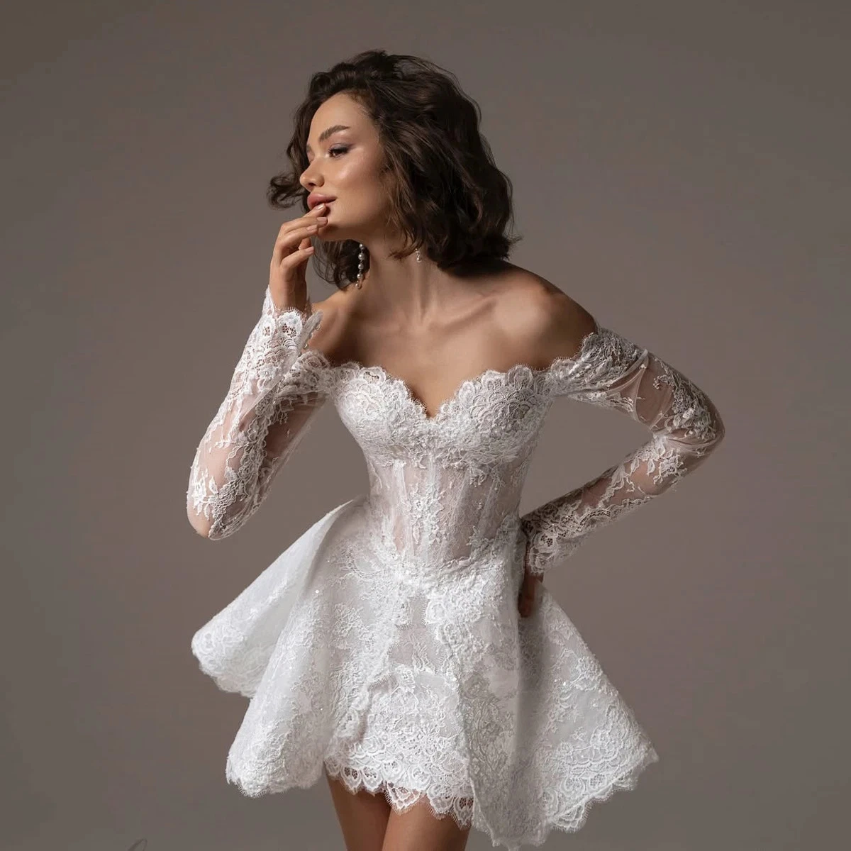 Knee-Length Lace Long Sleeve Wedding Dresses for sale | eBay Knee-Length Lace Long Sleeve Wedding Dresses for sale | eBay