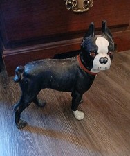 Vintage Cast Iron Door Stop Dog Boston Terrier - Boxer Black White 10 Tall