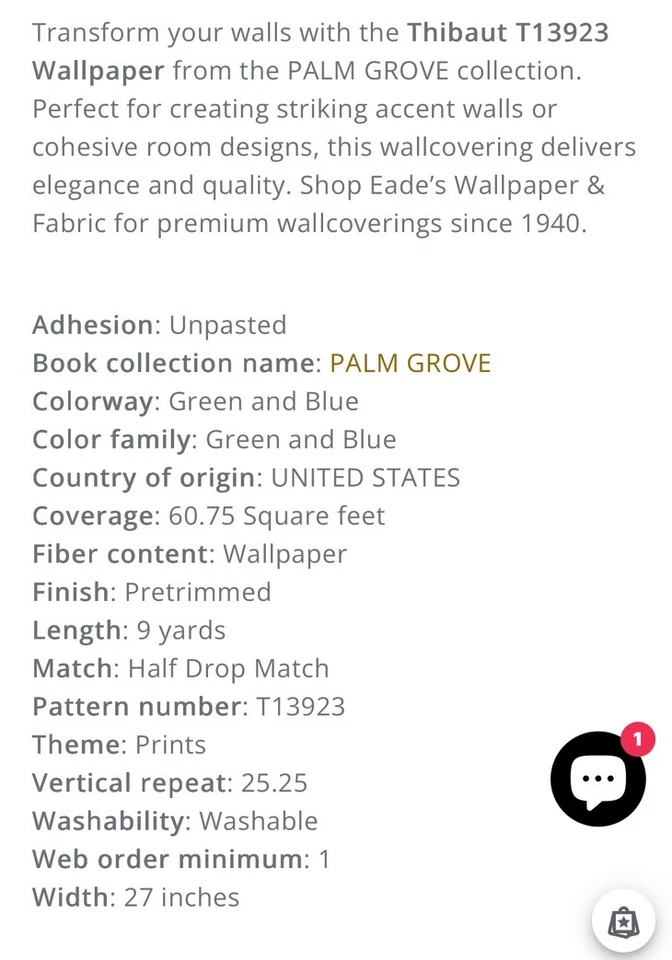 Papel pintado THIBAUT T13923 PROTEA VERDE Y AZUL 27 pulgadas X 27 pies Protea 2 rollos Foto 4 de 4