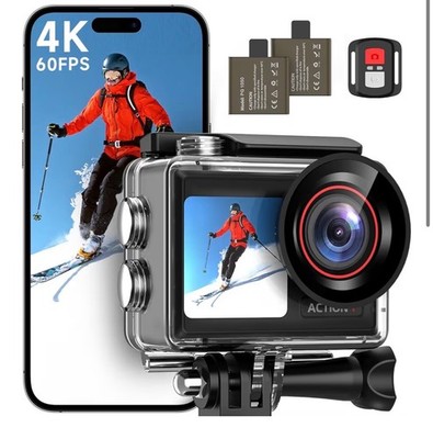 4K60FPS 30MP Action Camera with Front LCD and Touch Rear Screens, Underwater Cam