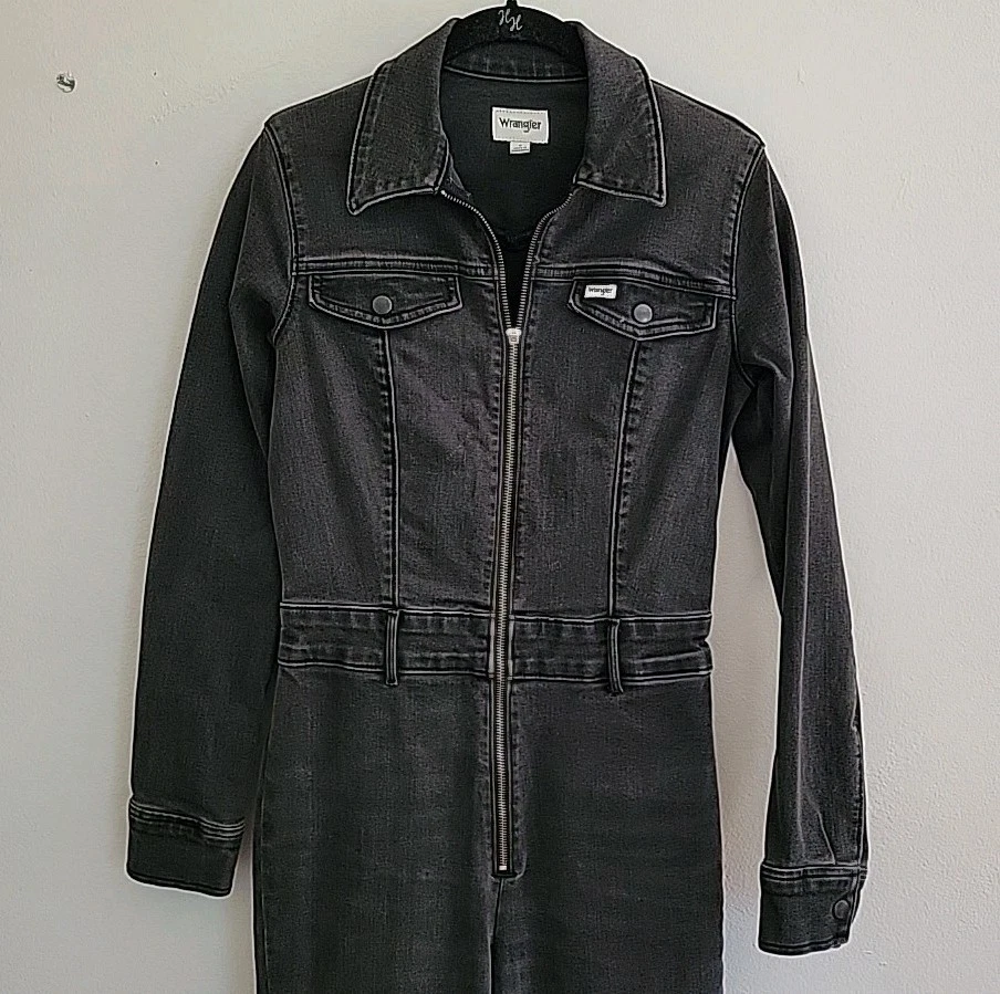 Wrangler Retro Catsuit Small Black Stretch Denim Long Sleeve Full Zip High Rise - Image 3 of 4