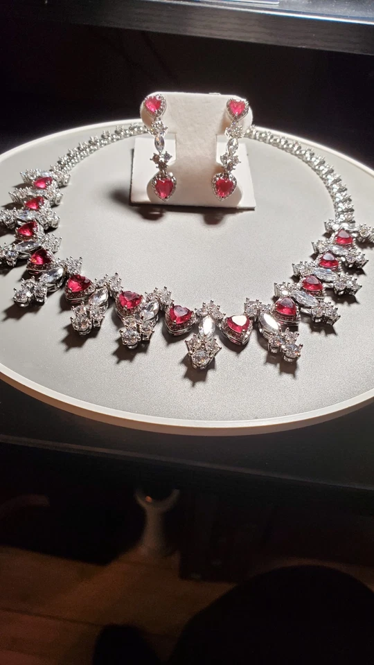 W PENDIENTES ZAFIRO Y RUBÍ - COLLAR CHAPADO EN ORO BLANCO 18K JUEGO DE PLATA ALEMANA Foto 4 de 4