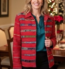 Coldwater Creek Bohemian Magic Red Lined Patchwork Tapestry Jacket Medium
