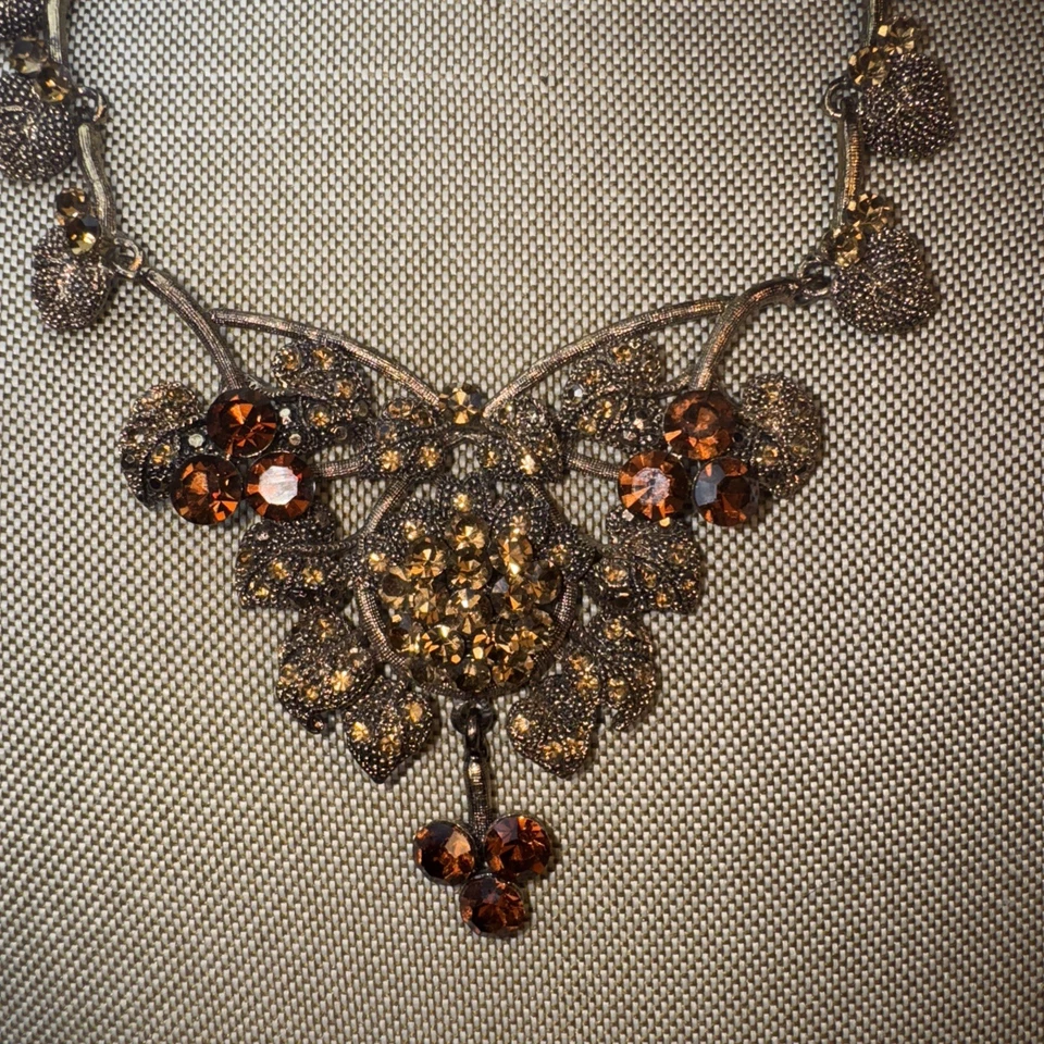 Copper Tone Amber Brown Leaves Rhinestones Statement Necklace 18” - Image 2 of 4