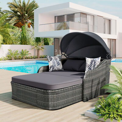 Double Chaise Lounge Chair Outdoor Patio Sun Bed Recliner W/Canopy