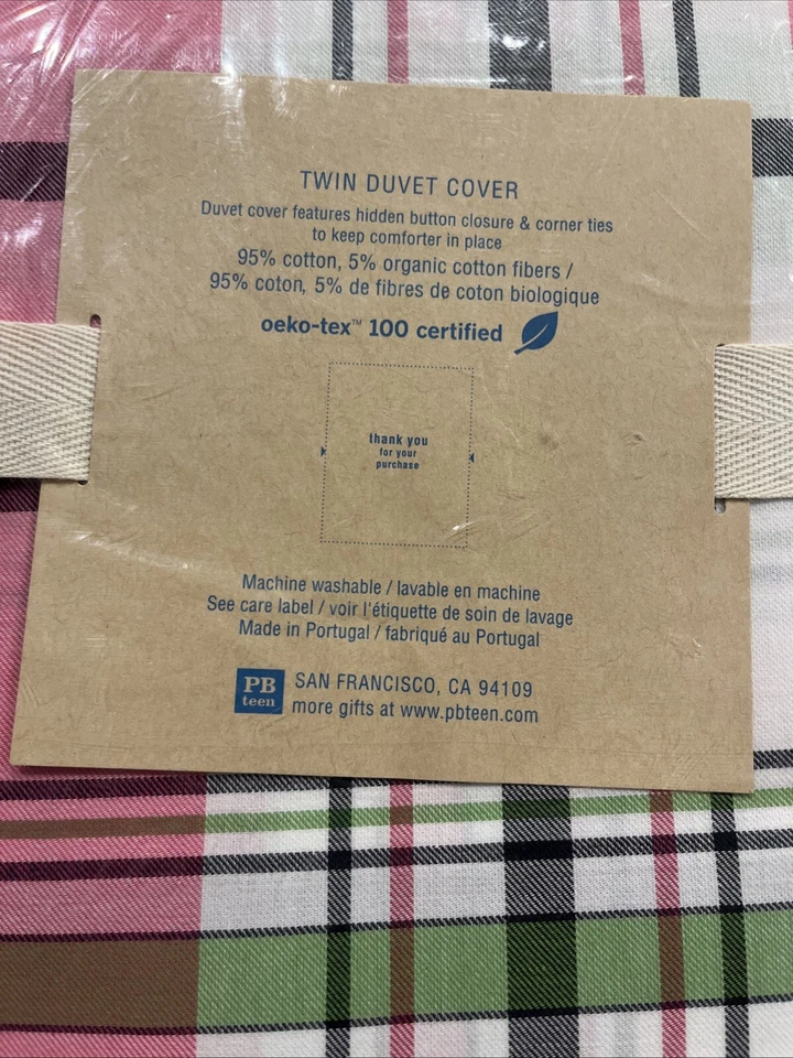 Funda nórdica Pottery Barn Teen Preppy a cuadros doble rosa/verde nueva en paquete Foto 4 de 4