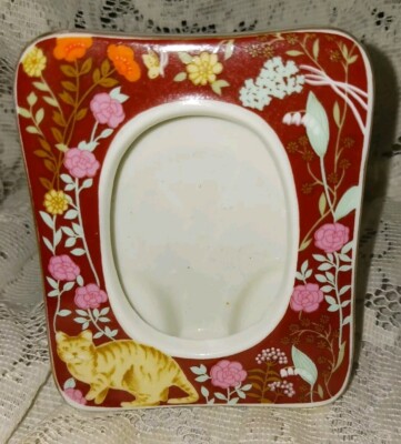 Vintage Porcelain Ceramic Orange Tabby Kitty Cat Picture Frame