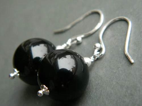 Large 14mm Black Onyx Gemstones & Silver Drop Elegant Handmade Earrings - Picture 11 of 13