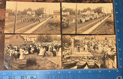4 RPPC Photos Mishawaka IN Battell Pk Ball Band Parade Float Indians RARE c1914