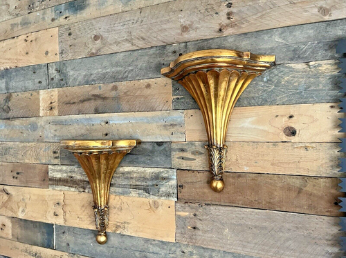 PAIR OF ORNATE ACANTHUS LEAF COLD PAINT GILT ROCOCO BAROQUE VINTAGE WALL SHELVES - Picture 13 of 17