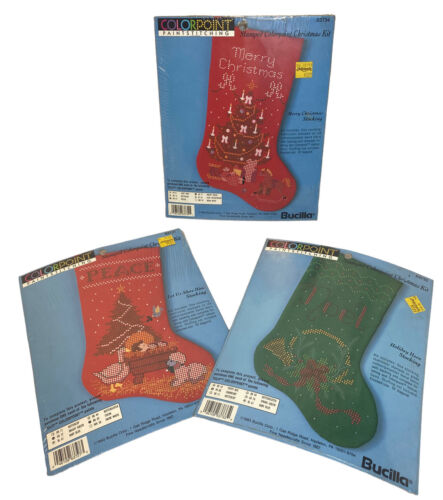 Vtg 3 Bucilla Stamped Colorpoint Paint Stitching Christmas Holiday Stocking 1993 - Picture 1 of 12